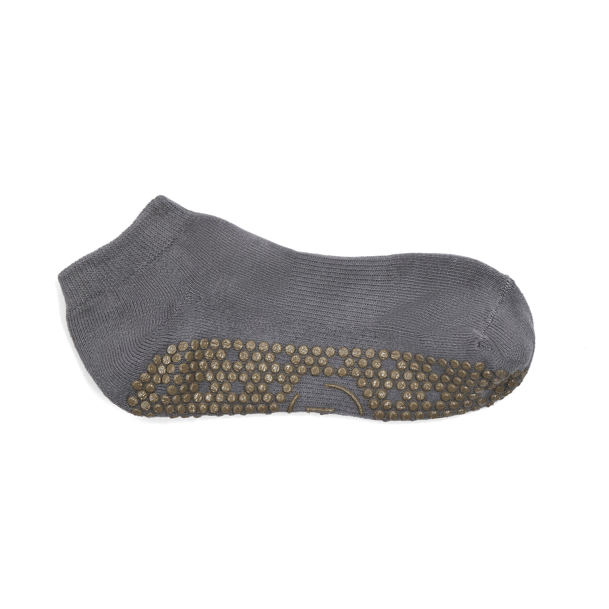 Grey grip sock with textured sole on a white background