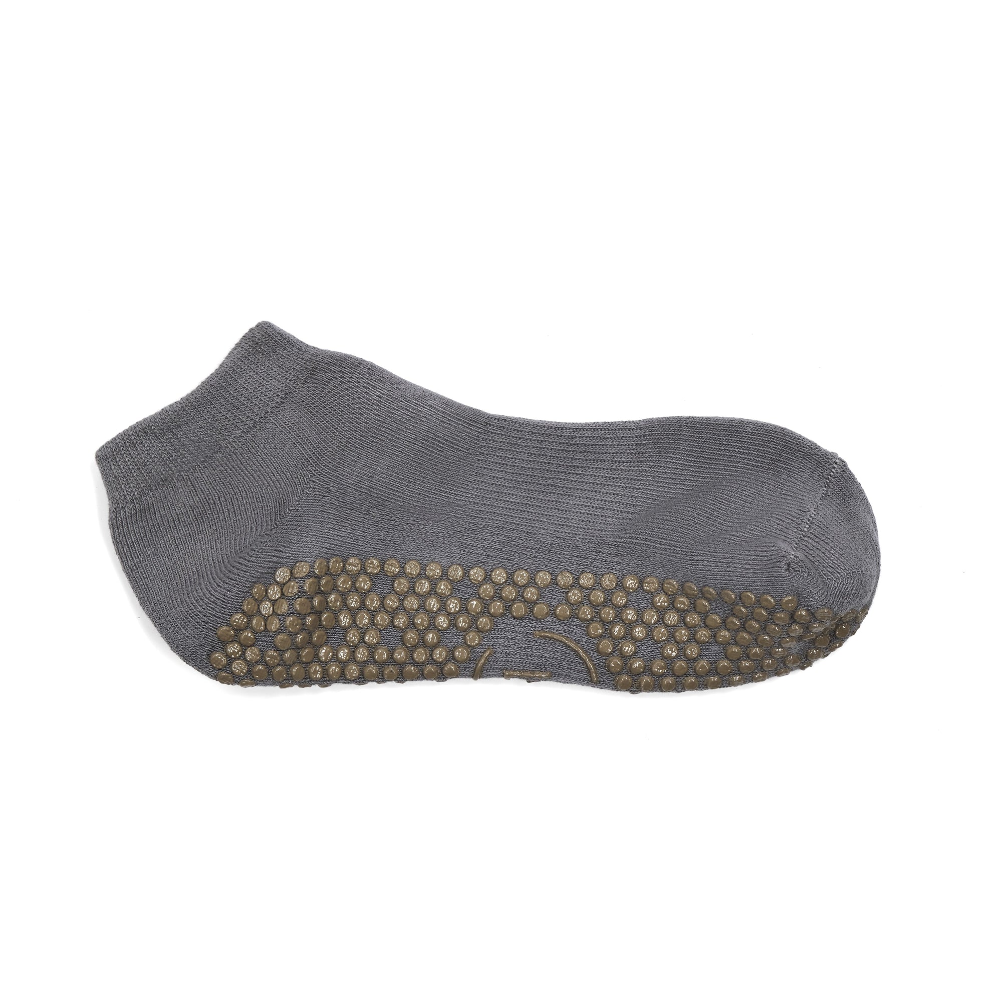 Grey grip sock with textured sole on a white background