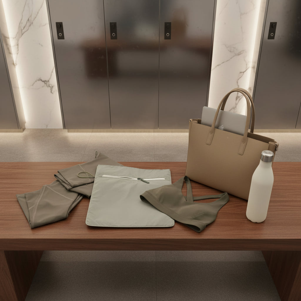Sage Green La Pochette waterproof Kit Bag on a bench in a luxury gym changing room