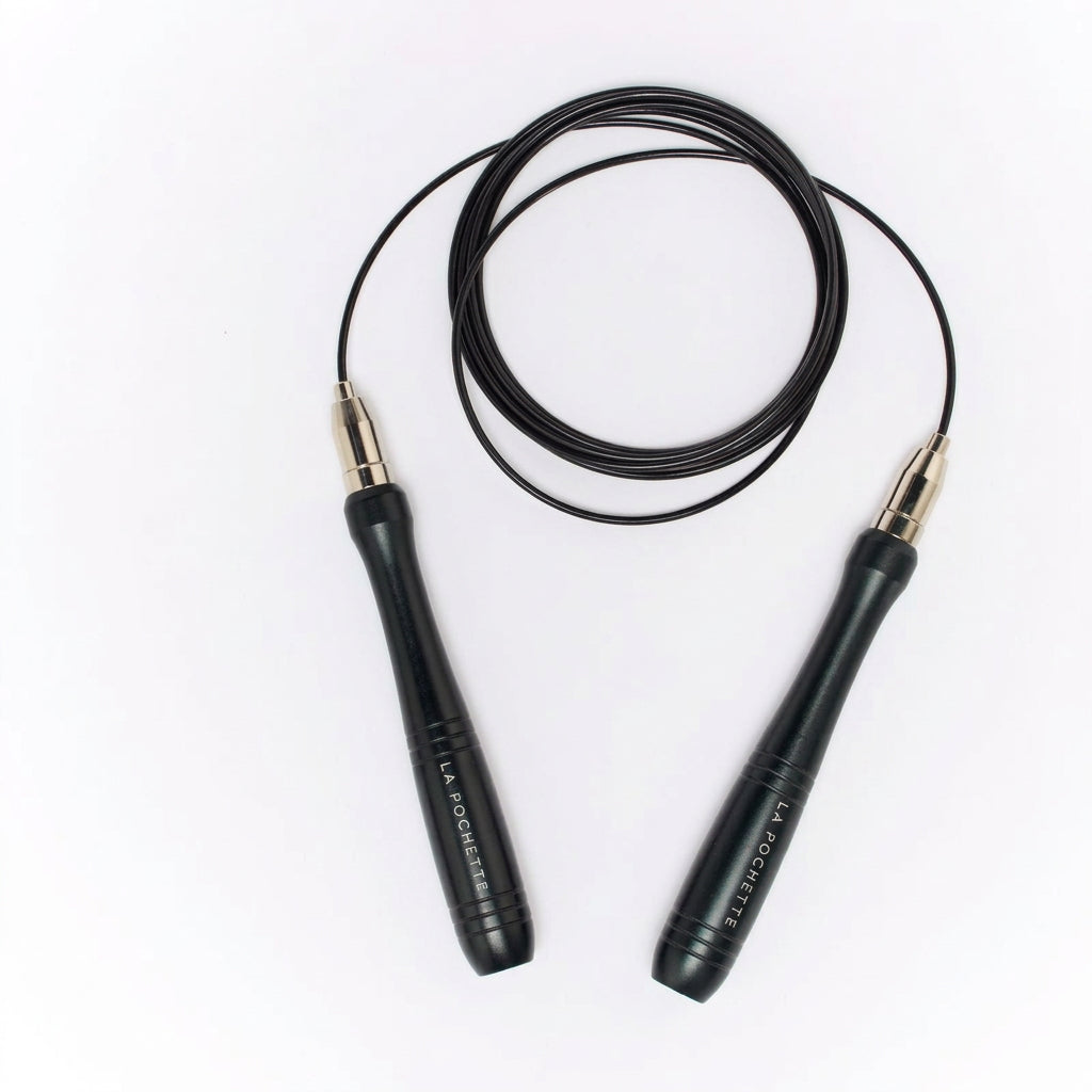 A black skipping rope with black textured handles and silver metal connectors, coiled on a plain white background. The brand name La Pochetteis printed vertically  on the handles.