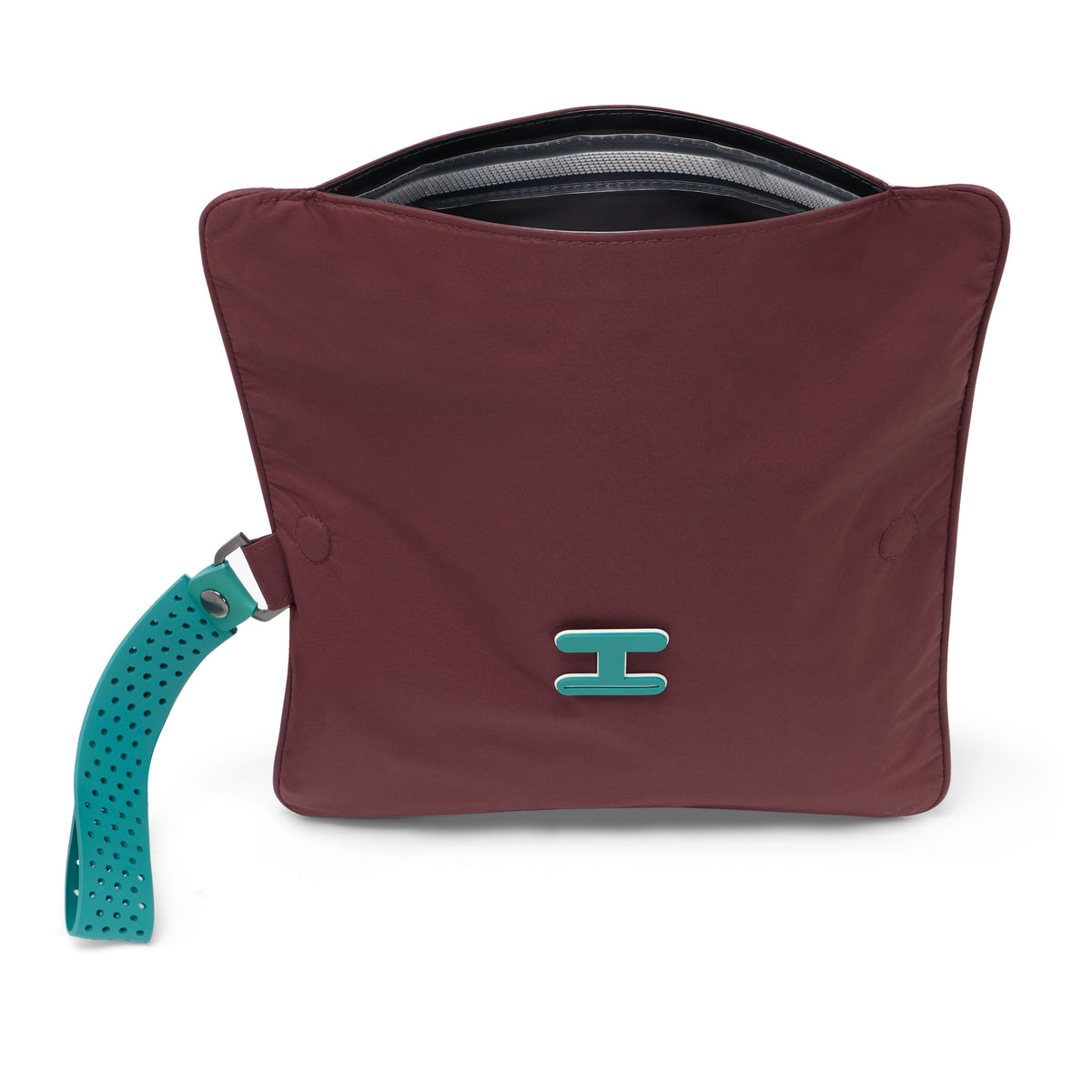 Small La Pochette waterproof wet bag in burgundy and silicone teal fastener and detachable handle on white background. Shown open showing velcro fastener 