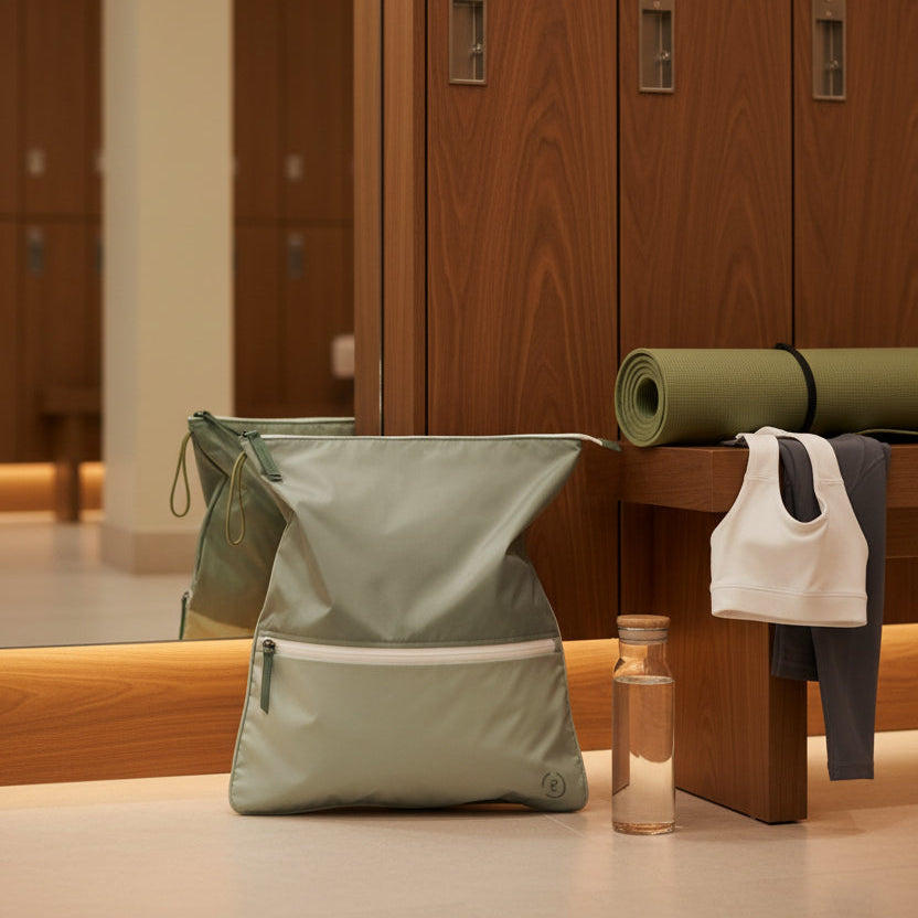 Sage green Sweat Bag in a gym changing room next to workout kit and yoga mat.