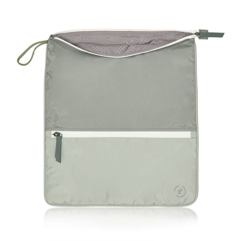 Sweat Bag in sage green open, showing the grey deodorising and antimicrobial lining