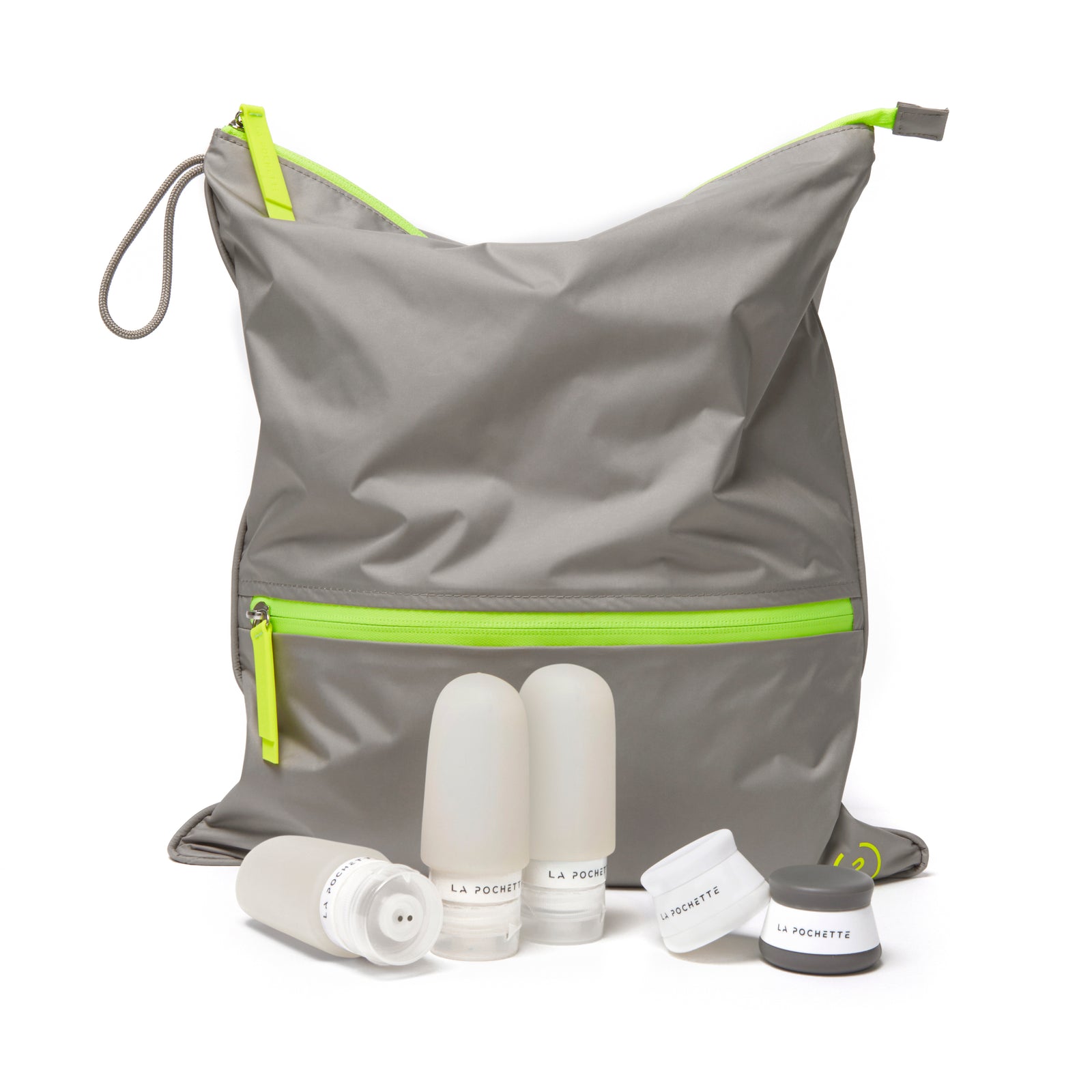 Great and Neon Green Sweat bag with travel bottles and pots