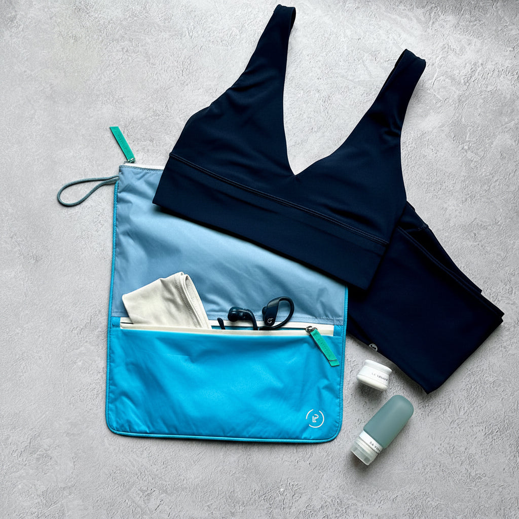 La Pochette antibacterial sweat bag in vivid blues with navy blue work kit and la pochette travel bottle and pots