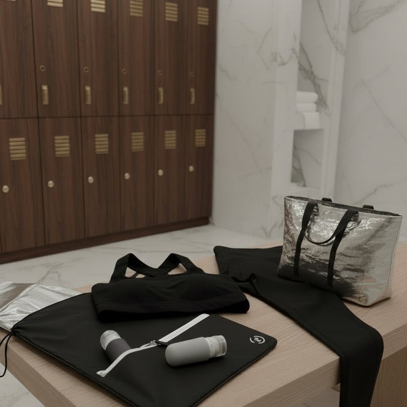 Sweat Bag shown with gym kit, and post workout essentials in a changing room - lightweight bag for storing clean or dirty gym kit