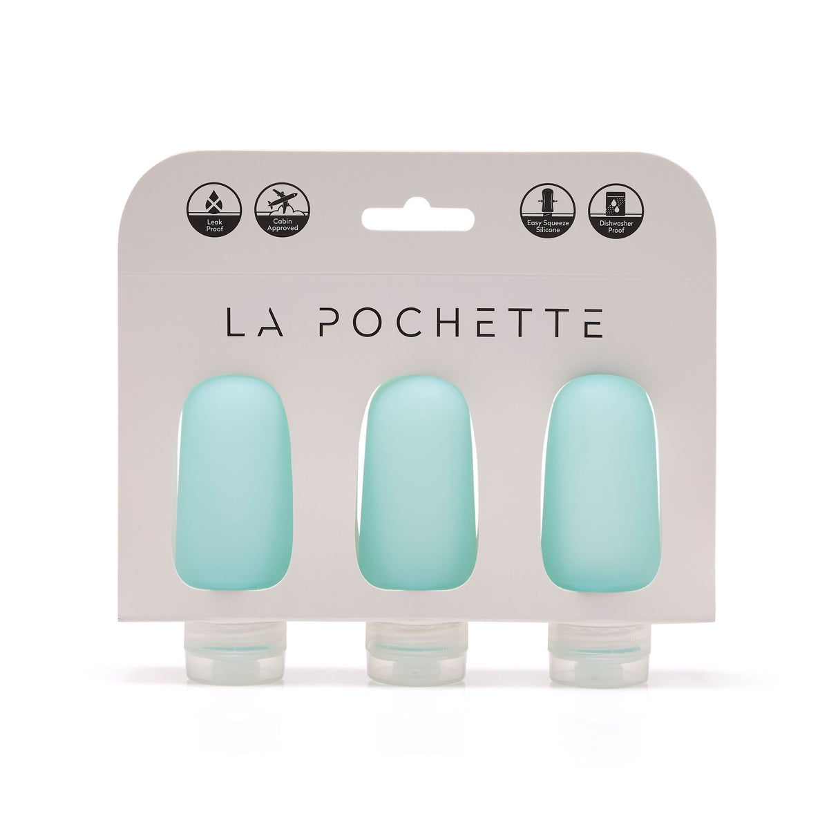 Set of three refillable silicone travel bottles, in turquoise, displayed in La Pochette packaging.