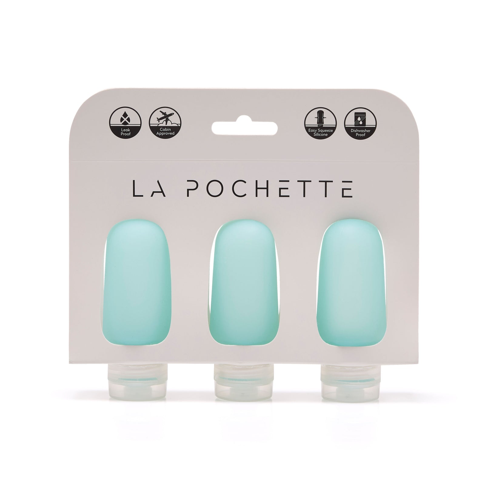 Set of three refillable silicone travel bottles, in turquoise, displayed in La Pochette packaging.