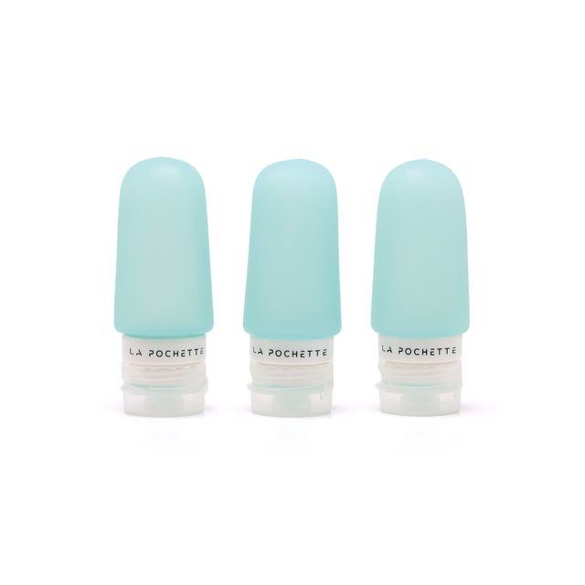 Three light blue La Pochette leak proof travel bottles on a white background