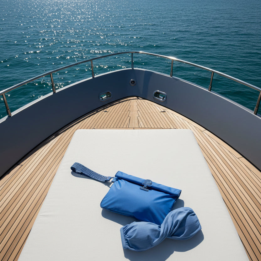 Blue bikini top with a small la Pochette waterproof wet bag on sun lounger on a yacht