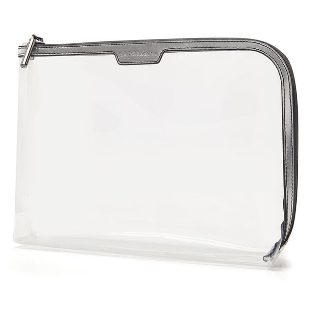 Silver and black Large Anywhere Everywhere see through pouch 
shown at a slight angle