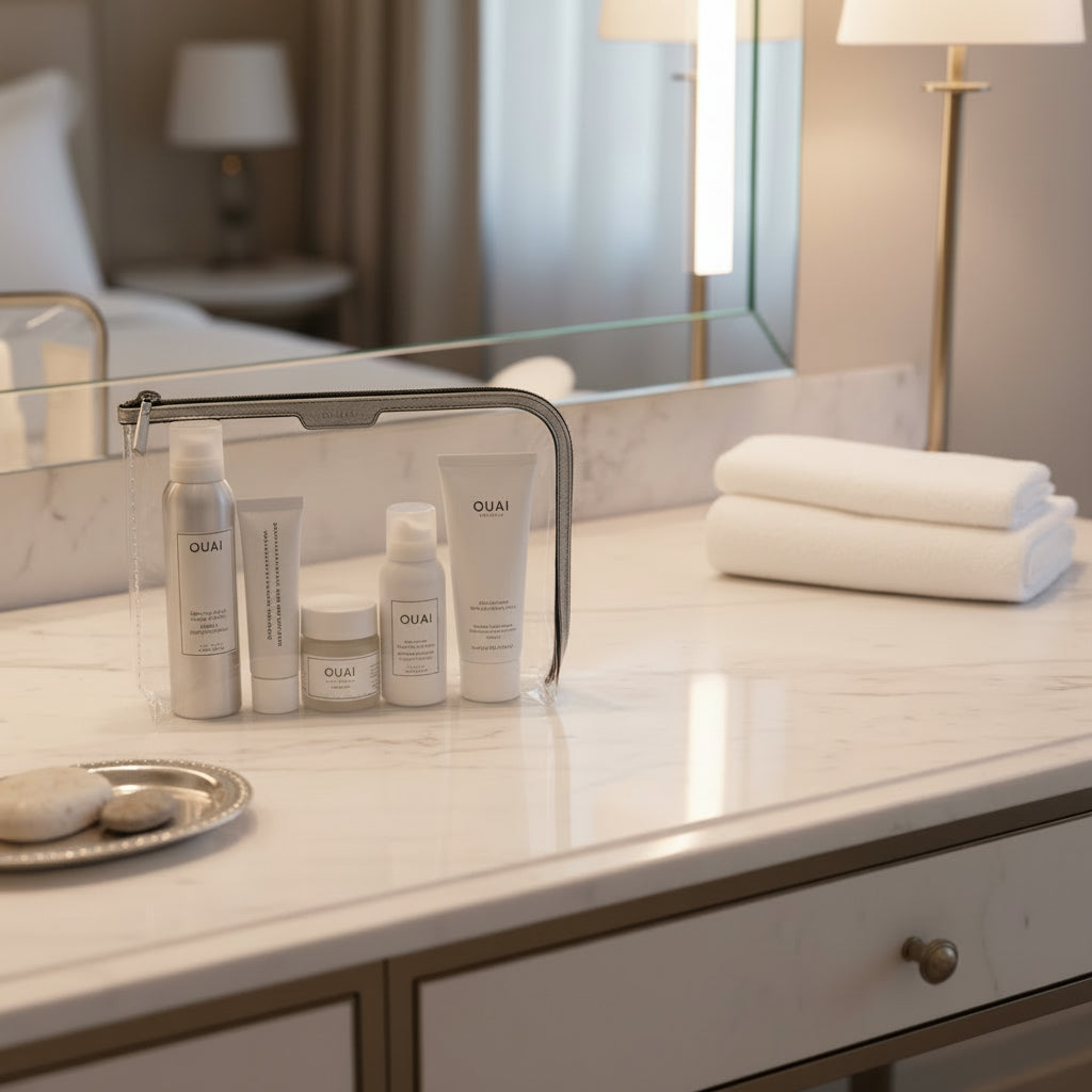 Large La Pochette clear pouch with  Silver and black trims with bottles shown inside on a dressing table 