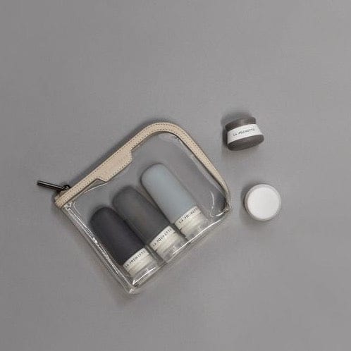 Small Clear Pouch with La Pochette travel bottles and pots in grey