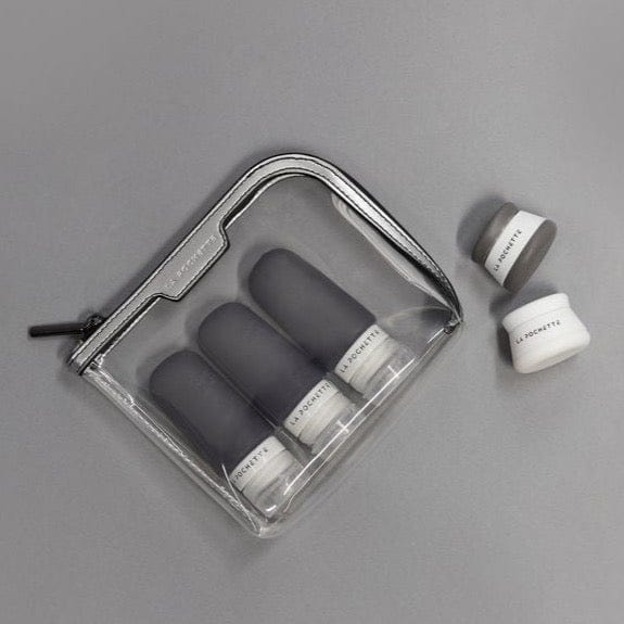 Small Silver &amp; Ink Anywhere Everywhere See Through Pouch with La Pochette Travel Bottles and pots