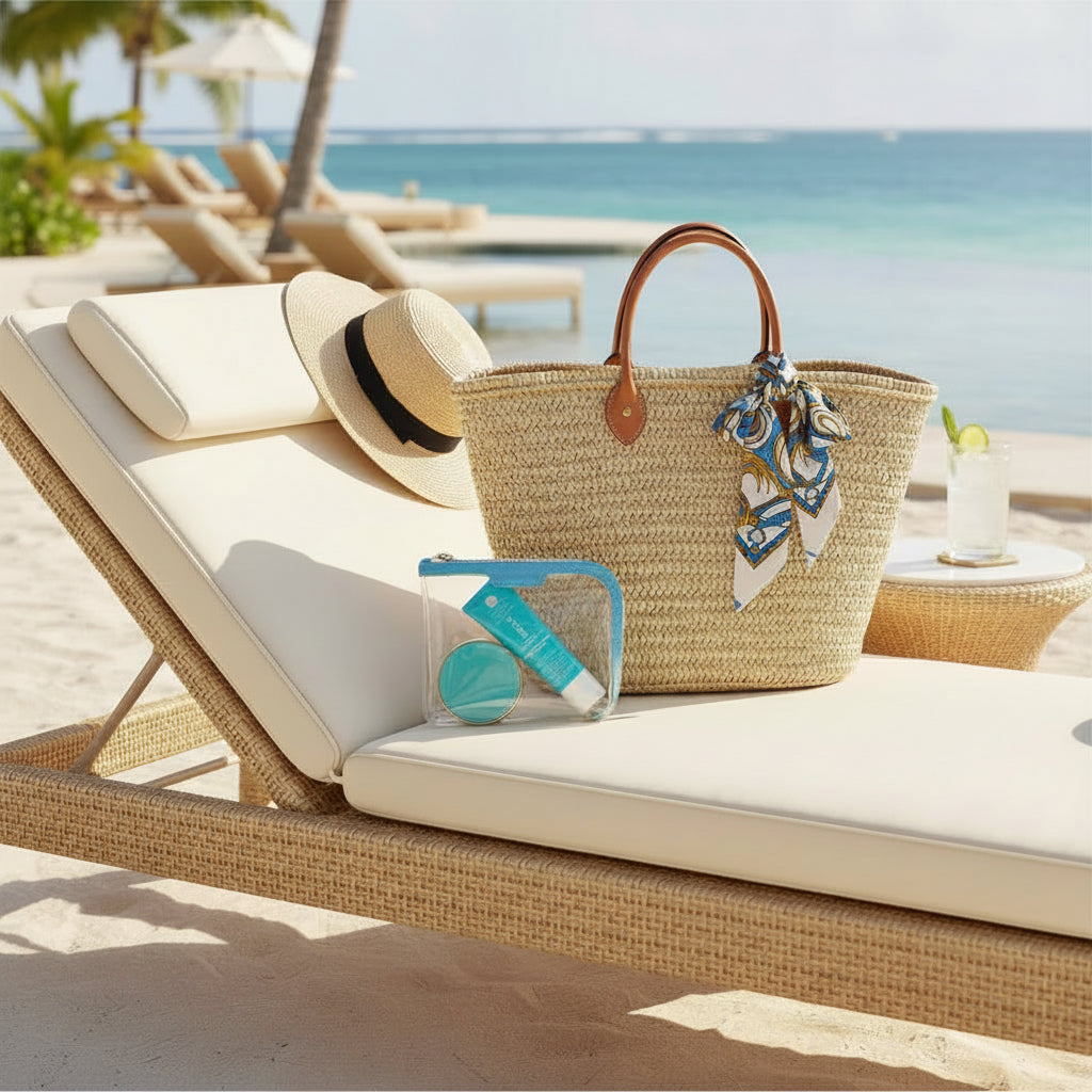 Straw bag with La Pochette clear pouch with turquoise trims and beauty accessories inside on a sud lounger by the ocean