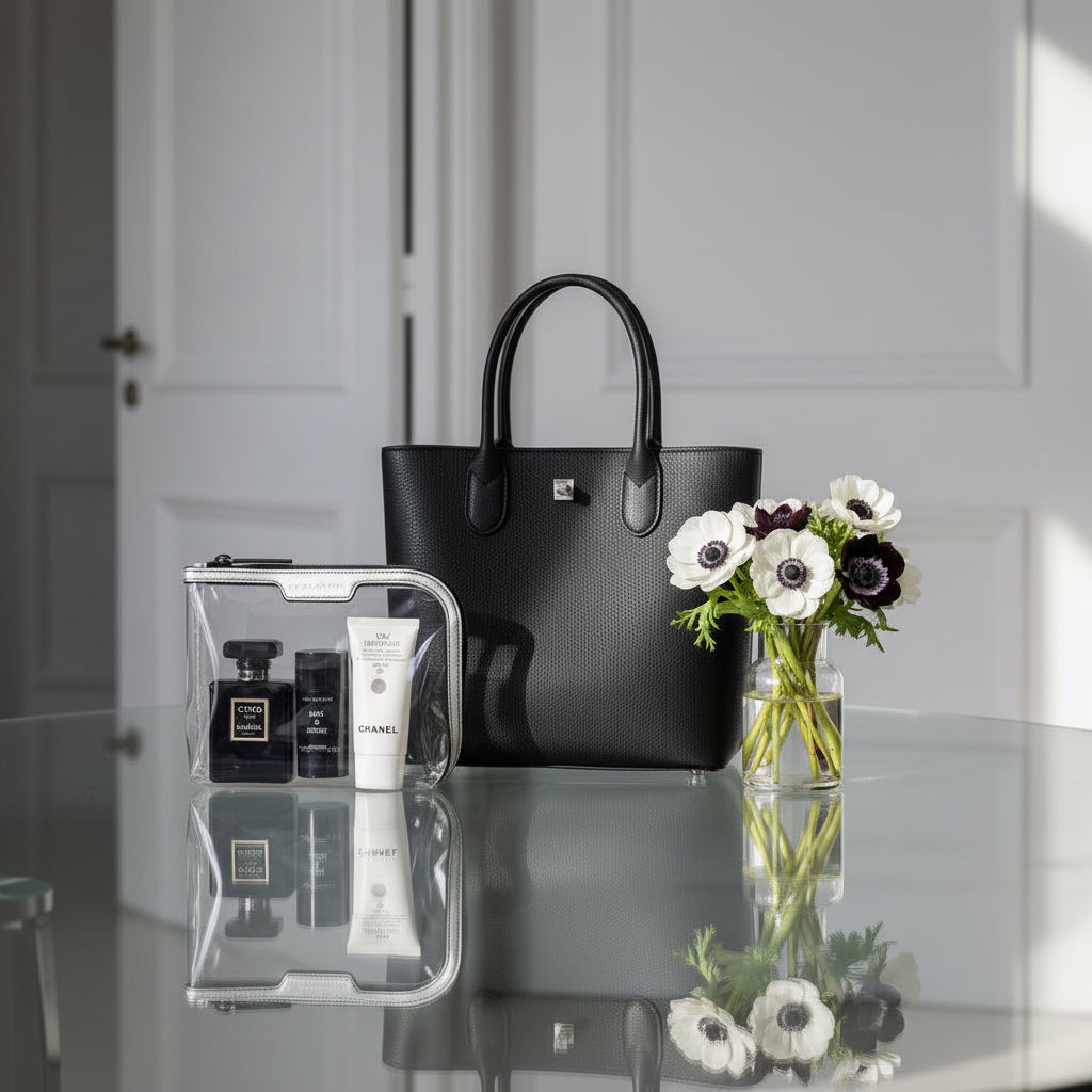 La Pochette cabin approved small clear pouch with silver trims on a glass table., next to a black tote and a small vase of black and white anemones.