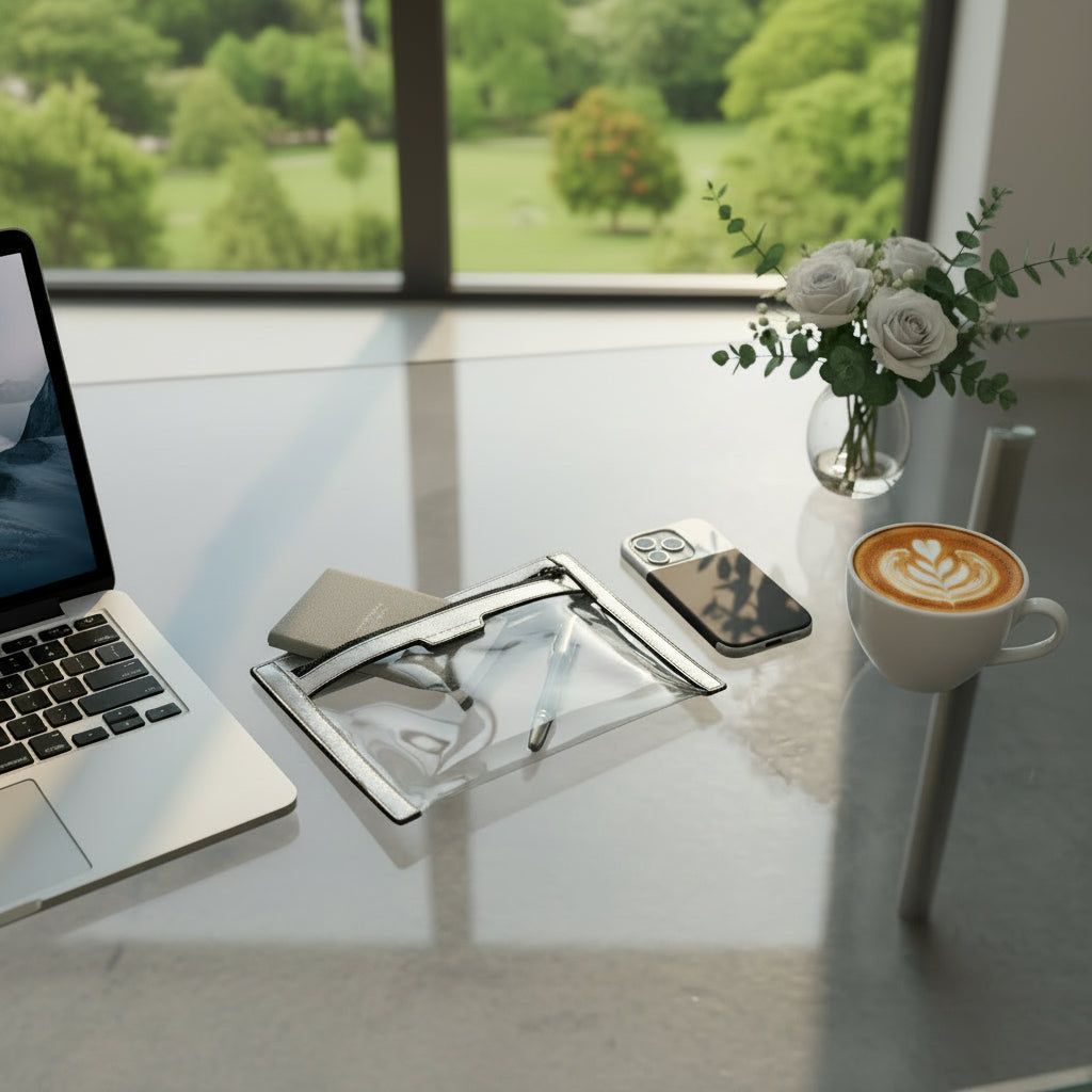 La Pochette clear wallet with silver and black trims with a pen and pad inside, and phone by the side. It's  on a glass desk with a laptop and cappuccino looking over a park. 