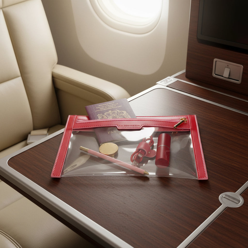 clear La Pochette wallet with red trims and pink zip holding a passport, red lipstick case, La Pochette Cable tidy, and pink pen, on a tray table in luxury jet