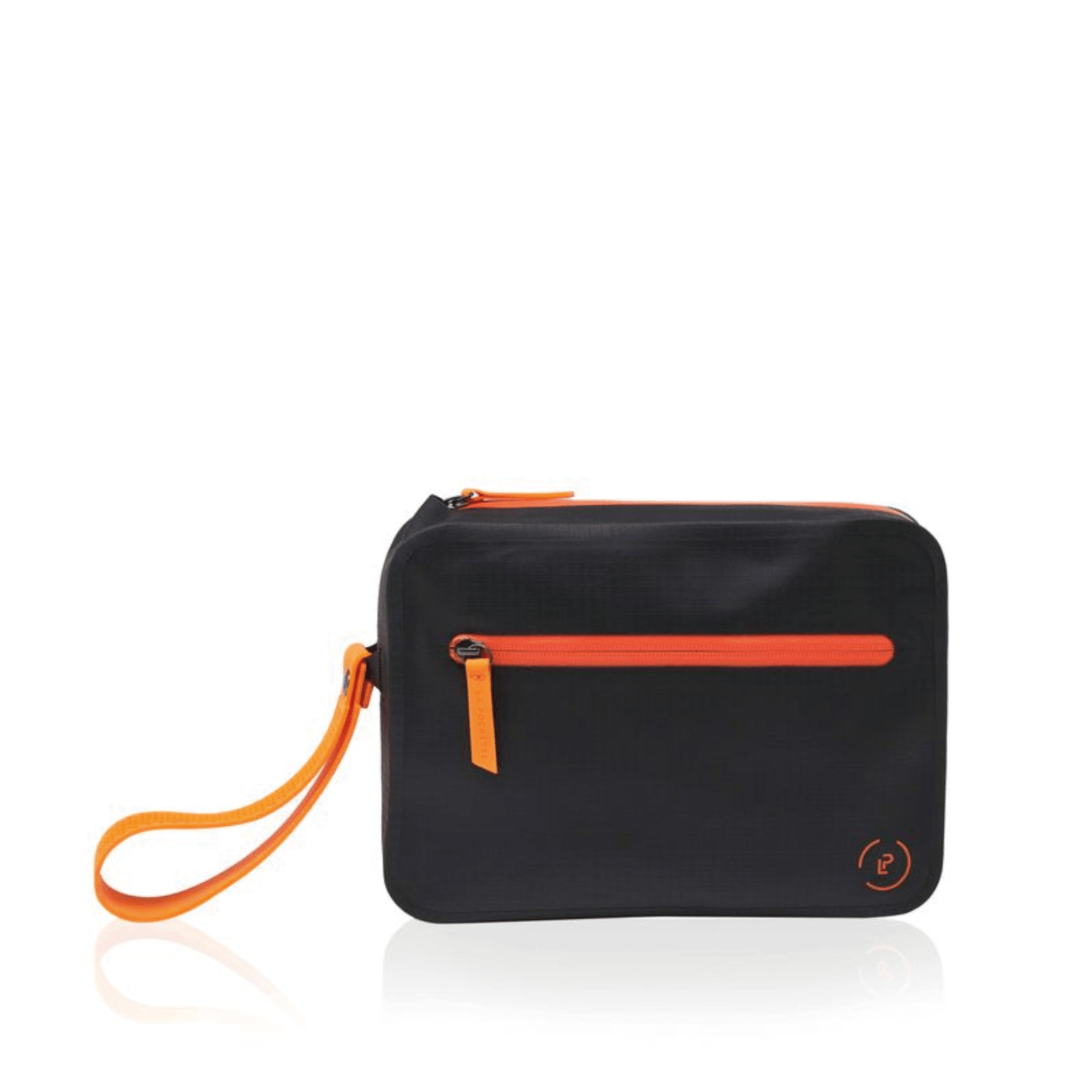 A compact, waterproof black bag with orange trim and a detachable silicone strap, featuring a waterproof zip and a separate front pocket.