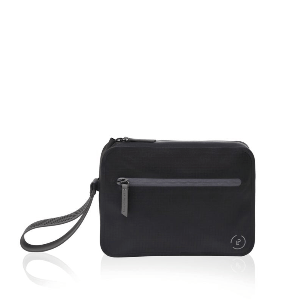 Black waterproof aqua bag with dark grey zips, logo and detachable wrist strap, compact modern design