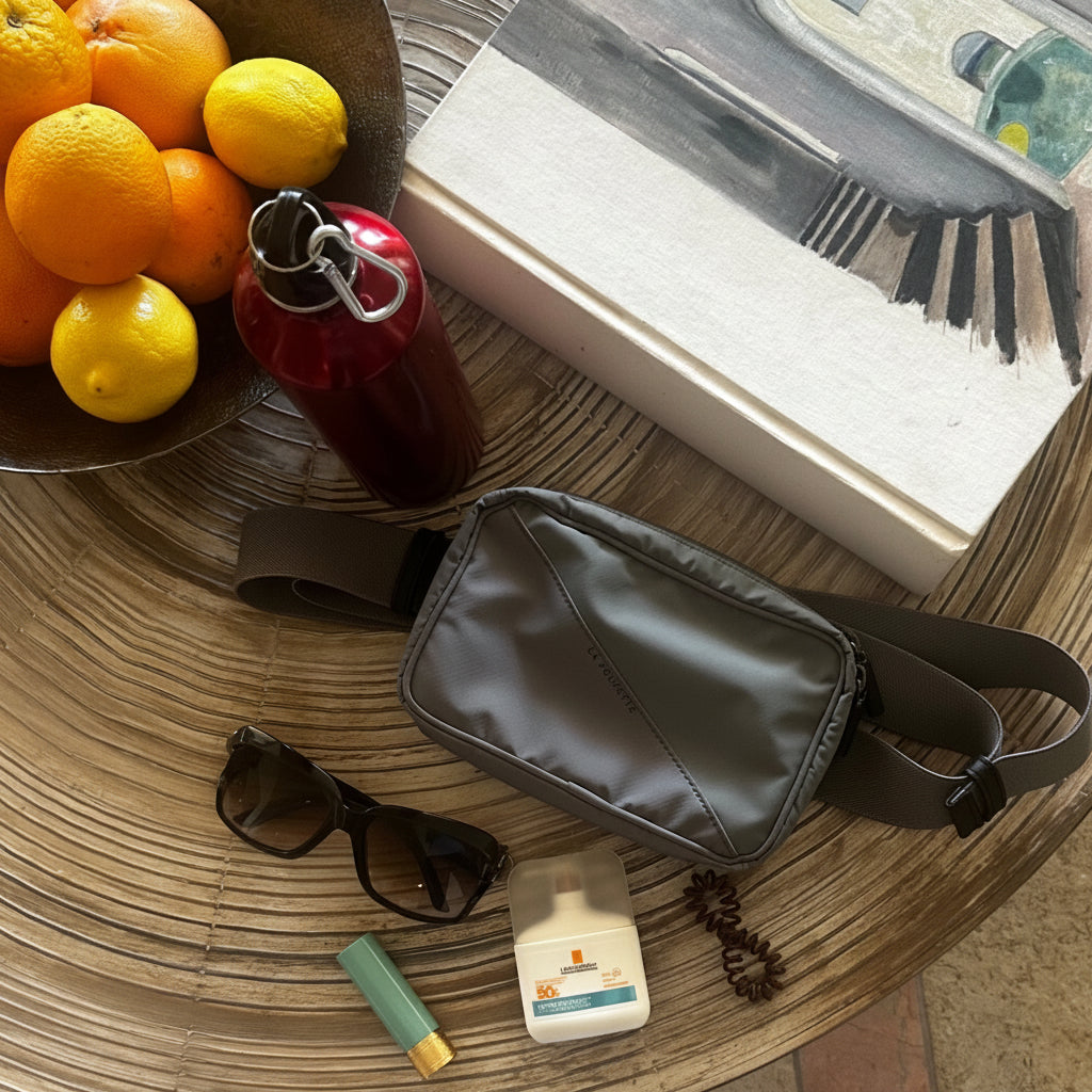 A styled flat-lay on a round woven table showing a dark gray crossbody bag as the central product, alongside oranges and lemons in a bowl, a red water bottle, sunglasses, a lip balm tube, a small bottle, and a square art book