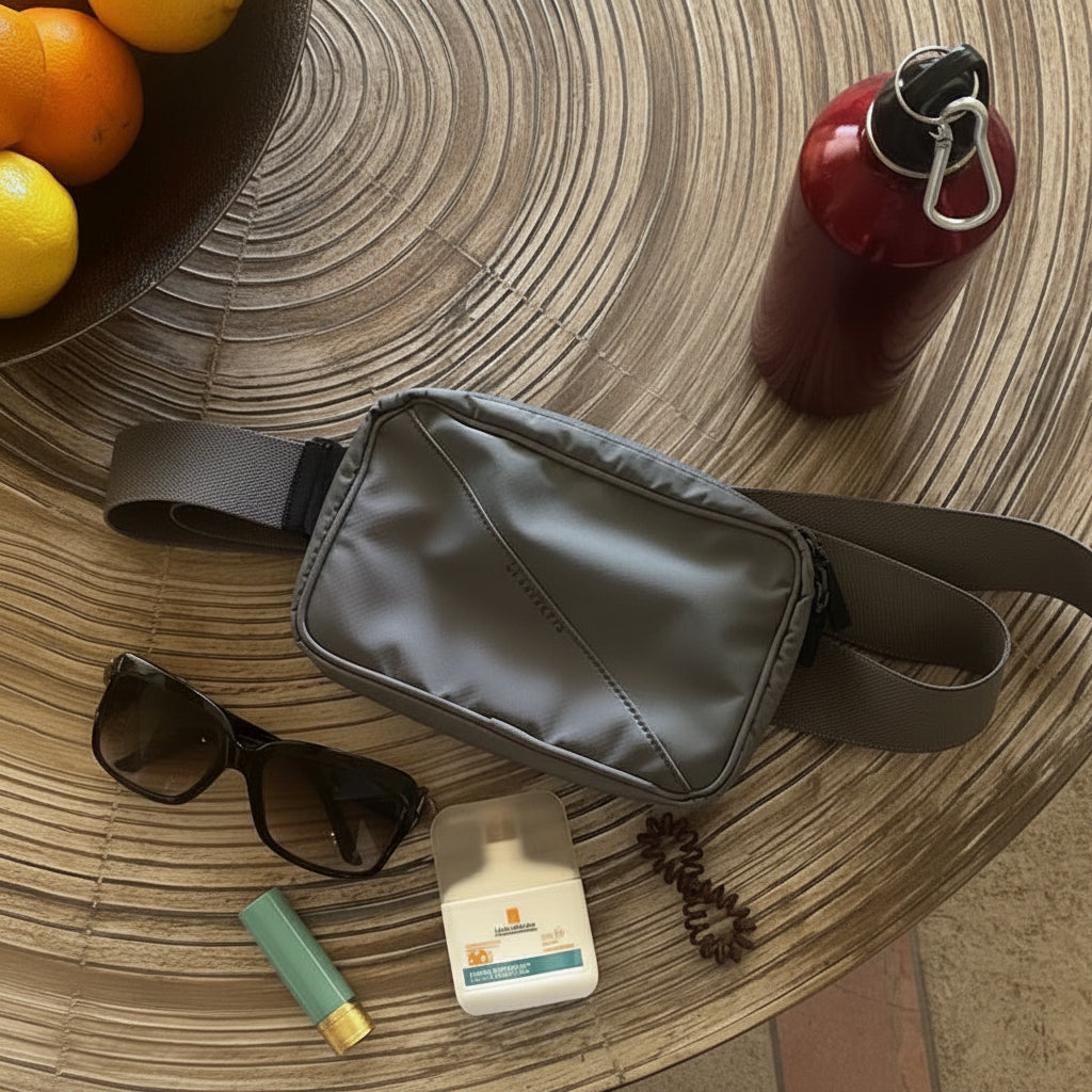 A styled flat-lay on a round woven table showing a dark grey crossbody bag as the central product, alongside oranges and lemons in a bowl, a red water bottle, sunglasses, a lip balm tube, and a red water bottle.