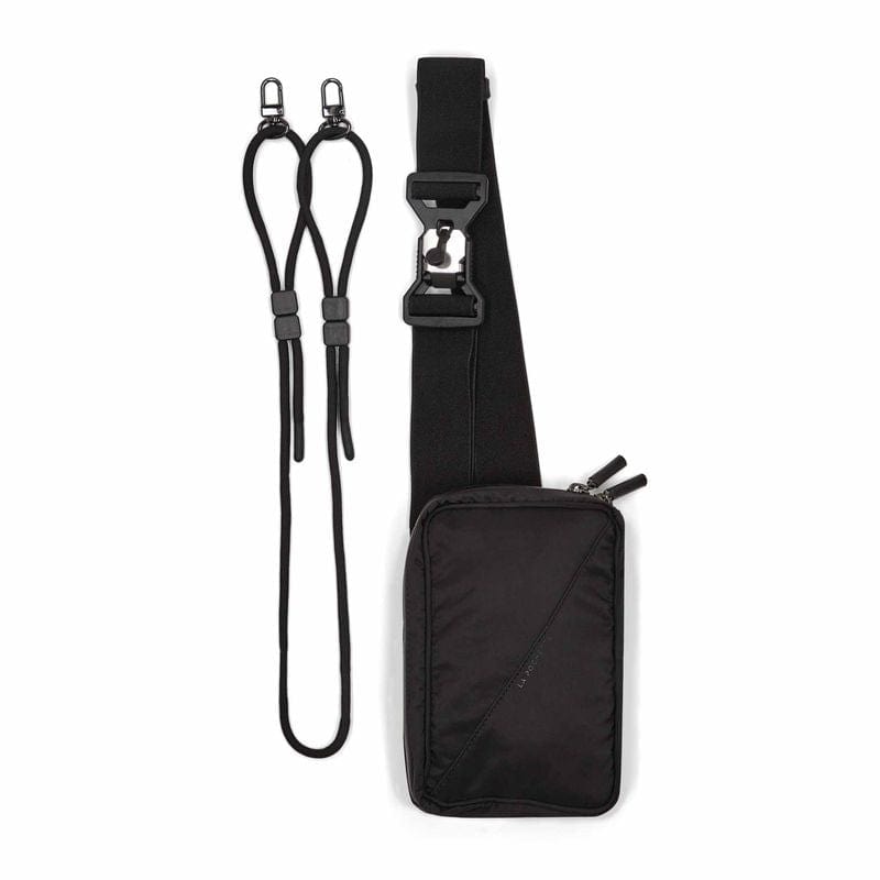 Belt bag in black showing bet and clasp, next to the detachable strap