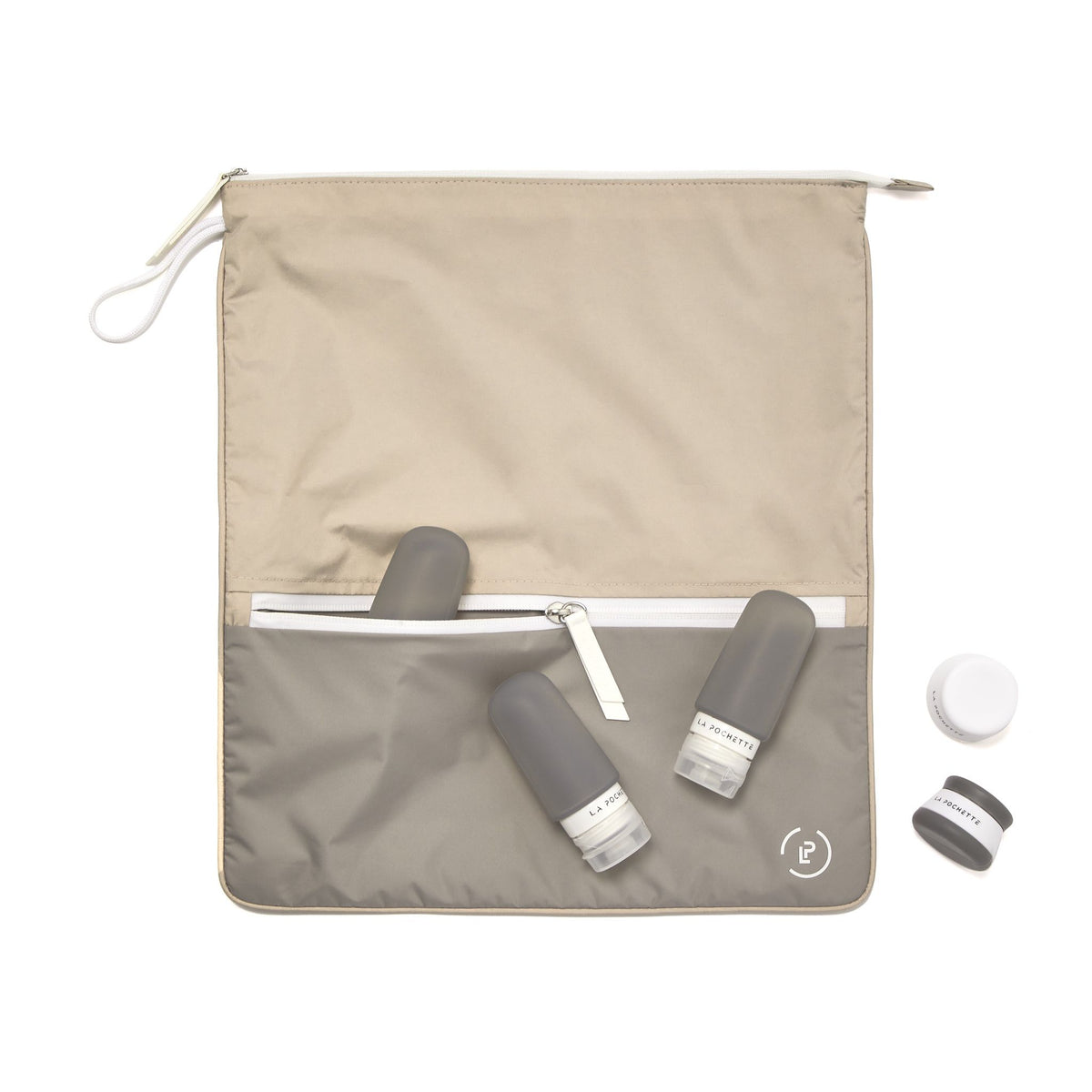Cashmere Walnut Sweat Bag Bundle with Cashmere travel bottles and pots shown flat