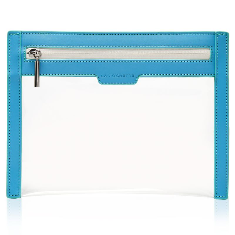 See through pouch in blue and turquoise coloured trims