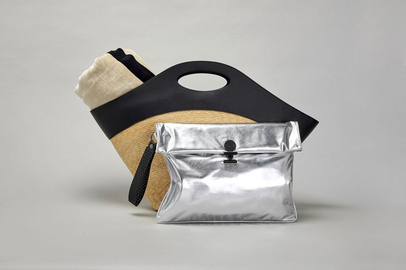 silver and ink maxi wet bag with basket,  and towel.