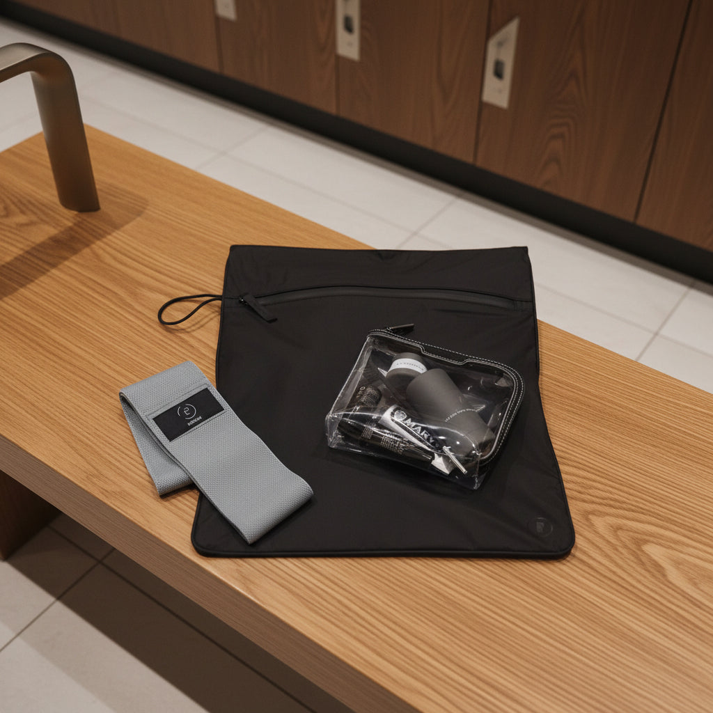 Black Kit Bag laying flat with a La Pochette clear cosmetic pouch holding essentials and a grey La Pochette Resistance Band. On a bench in luxury changing rooms