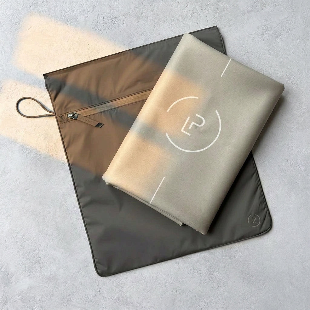 La Pochette beige travel Yoga Mat  folded on top of a la pochette waterproof grey kit bag.  On a grey background.