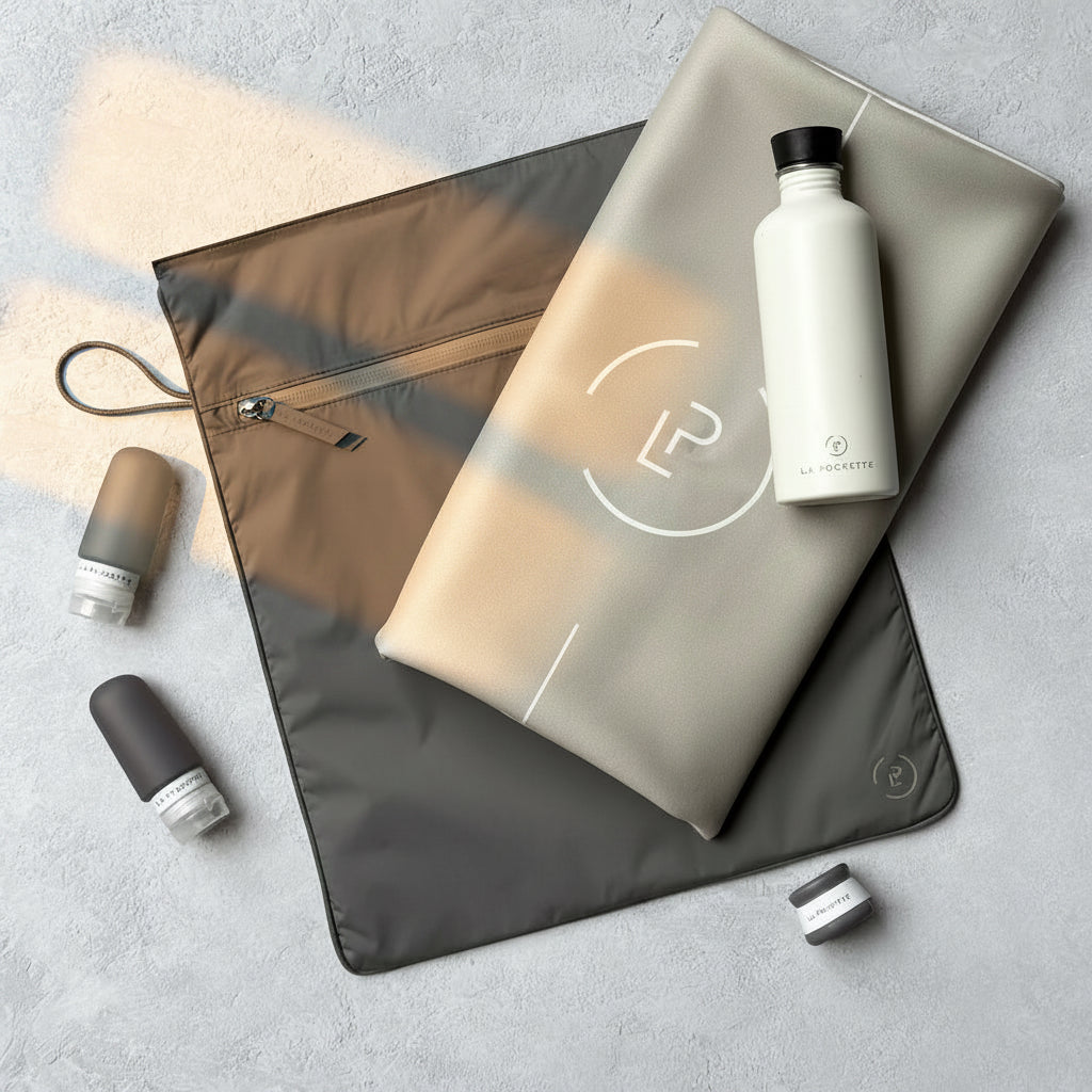 La Pochette waterproof kit bag  in grey, with La Pochette workout mat, grey travel bottles and white water bottle on a light grey background