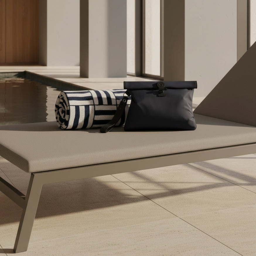 Navy and black La Pochette waterproof wet bag next to a navy and cream towel on a grey sun bed next to an indoor pool 