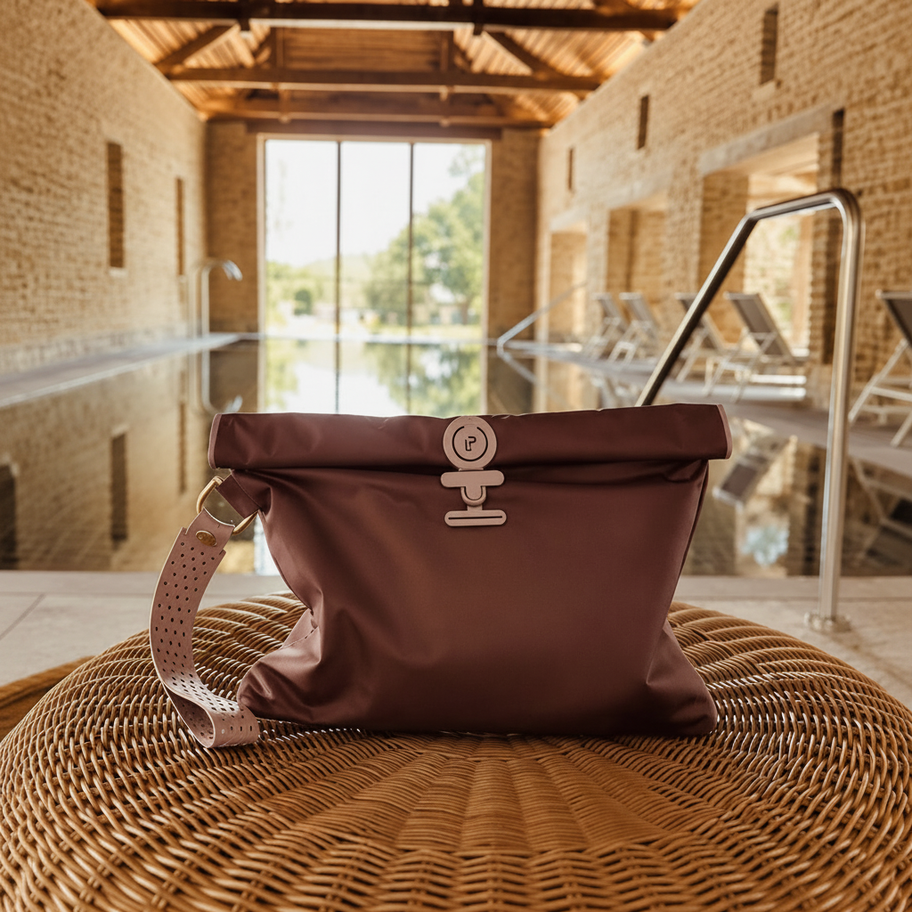 A brown waterproof roll-top bag with a silver metal clasp and a patterned shoulder strap, resting on a round woven wicker ottoman in an indoor pool area with brick walls and a wooden roof.