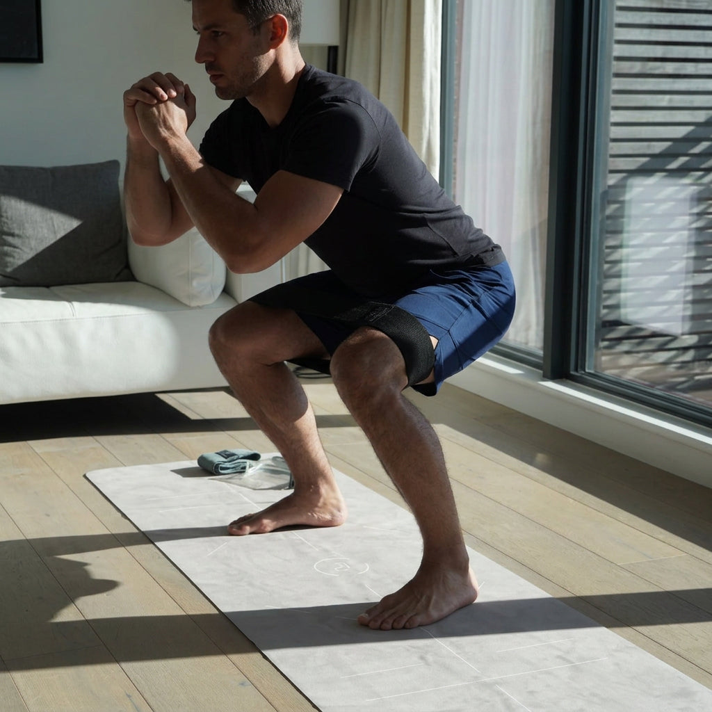 A man is squatting with resistance band on a light grey La Pochette yoga mat with printed alignment guides, set on a wooden floor in a sunlit room. A grey resistance band lies nearby.
