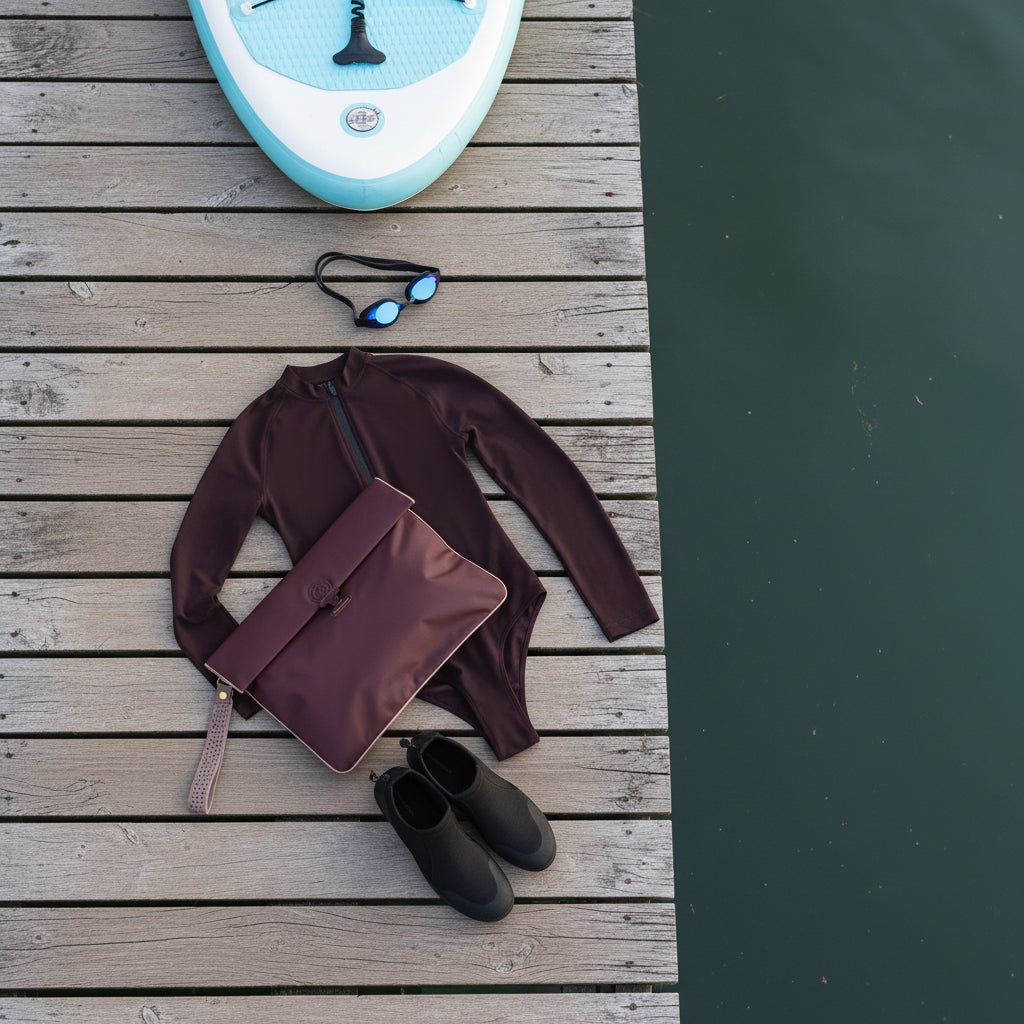 Burgundy rash swimsuit and matching la pochette waterproof wet bag on a jetty next to a paddle board by a lake. There are also a pair of goggles and water shoes in the picture. 