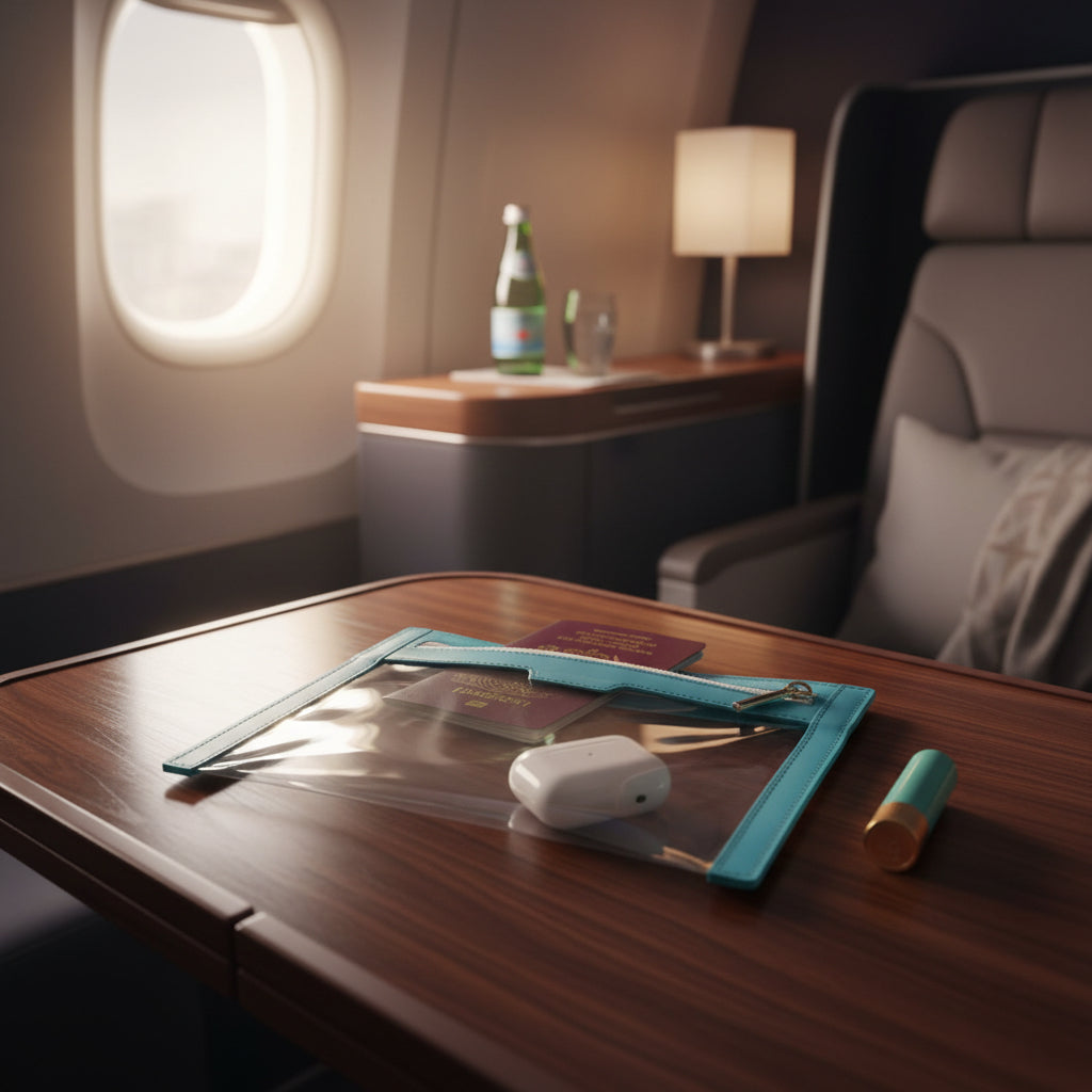 La Pochette TSA approved Clear plastic wallet with turquoise rim containing a passport, AirPods, and a lipstick on a table in first class 