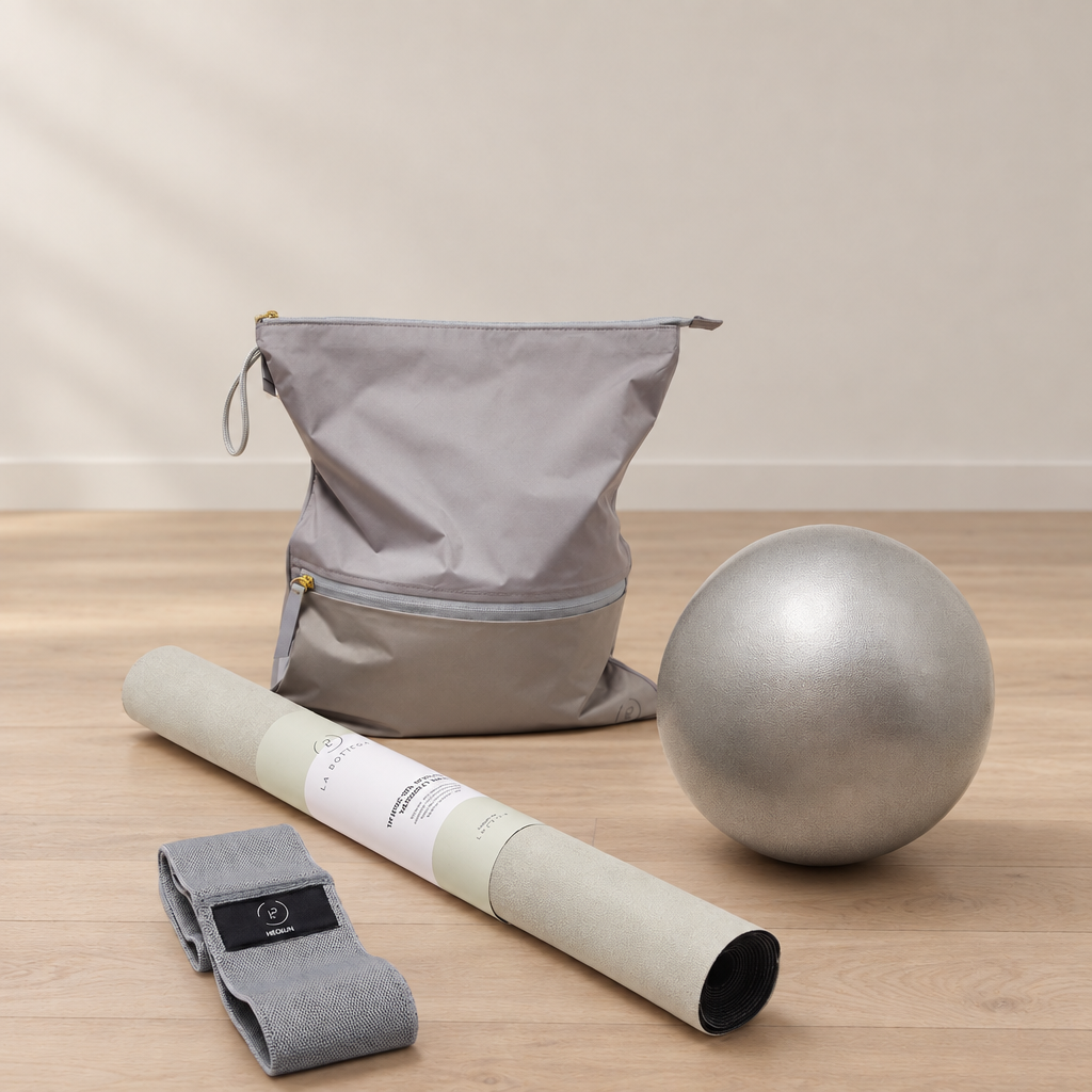 Products on a minimal yoga studio floor without snowflakes