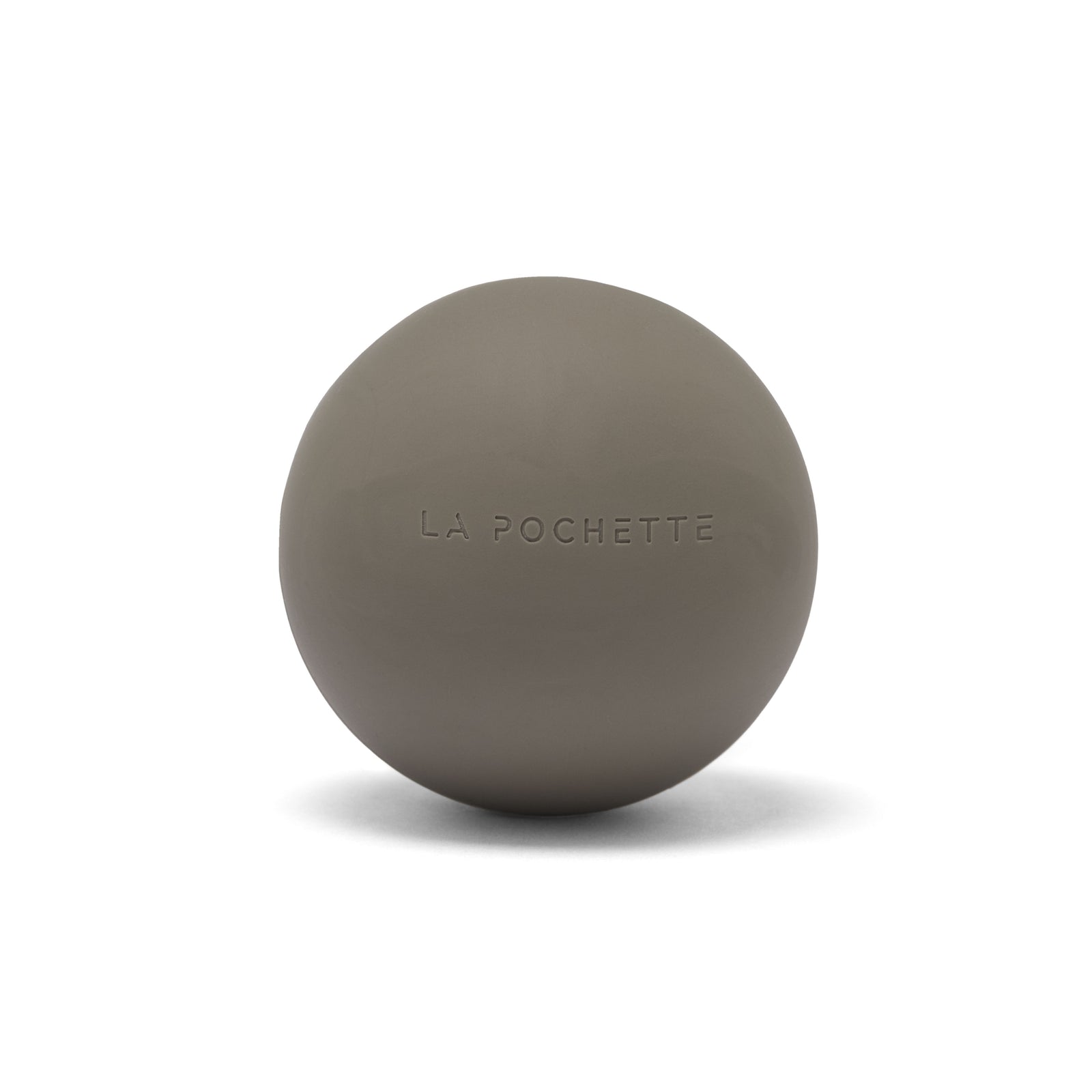 A matte taupe brown silicone massage ball with the brand name 'LA POCHETTE' embossed on the front, set against a clean white background with a soft shadow.