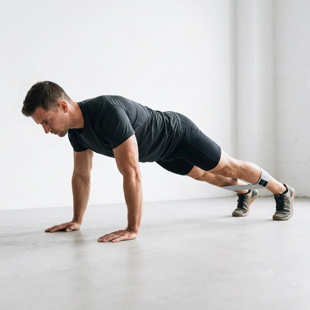 man wearing trains kit performing a plank with a La Pochette resistance band around his shins.