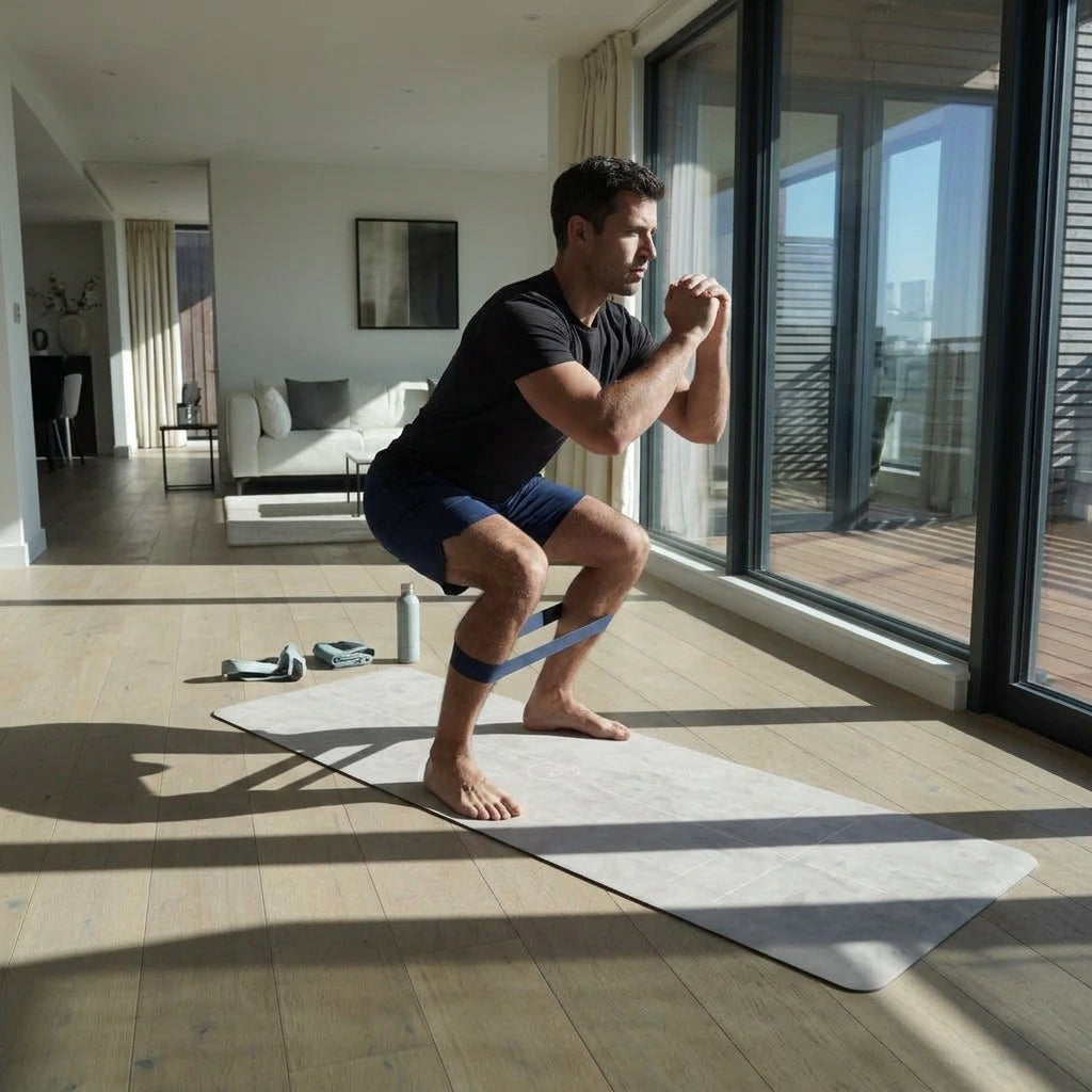 A man in a black t-shirt and blue athletic shorts performs a deep squat on a light gray yoga mat in a modern living room with large windows.