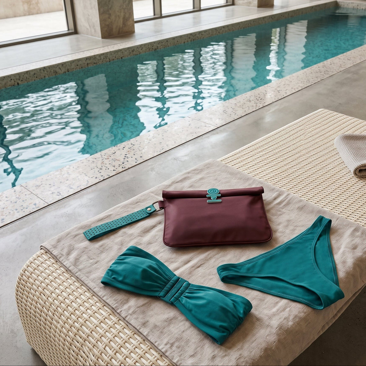 A teal bikini is on a woven lounger beside an indoor pool, with a small burgundy La Pochette waterproof wet bag, with a teal silicone  clasp and detachable handle.  