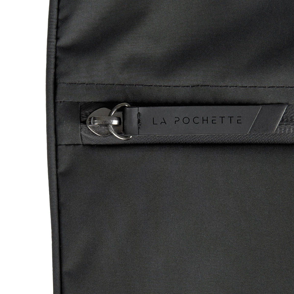 close-up of the Sweat Bag zip detail in black