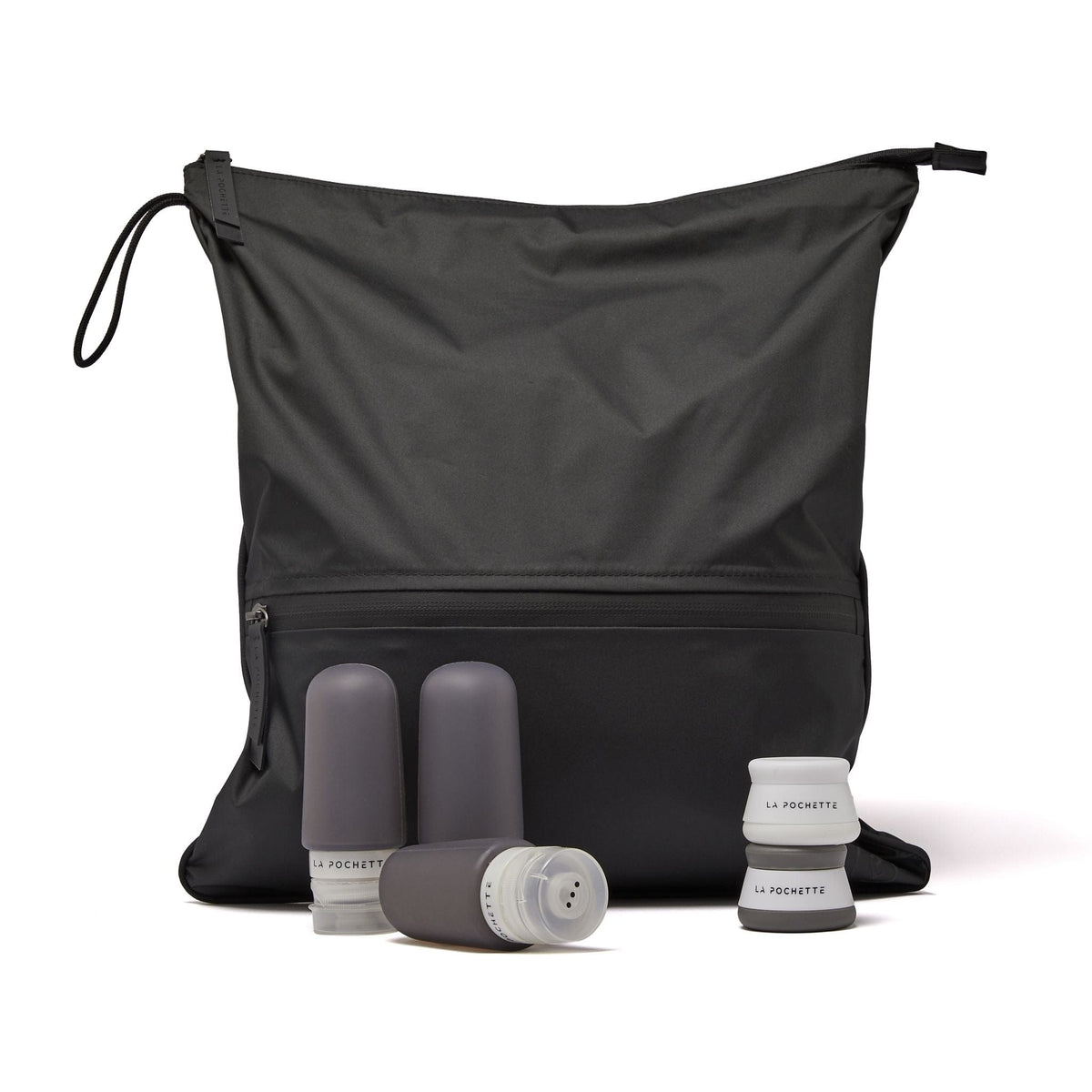 Black Sweat Bag Bundle with a set of dark grey Travel Bottles and travel pots duo
