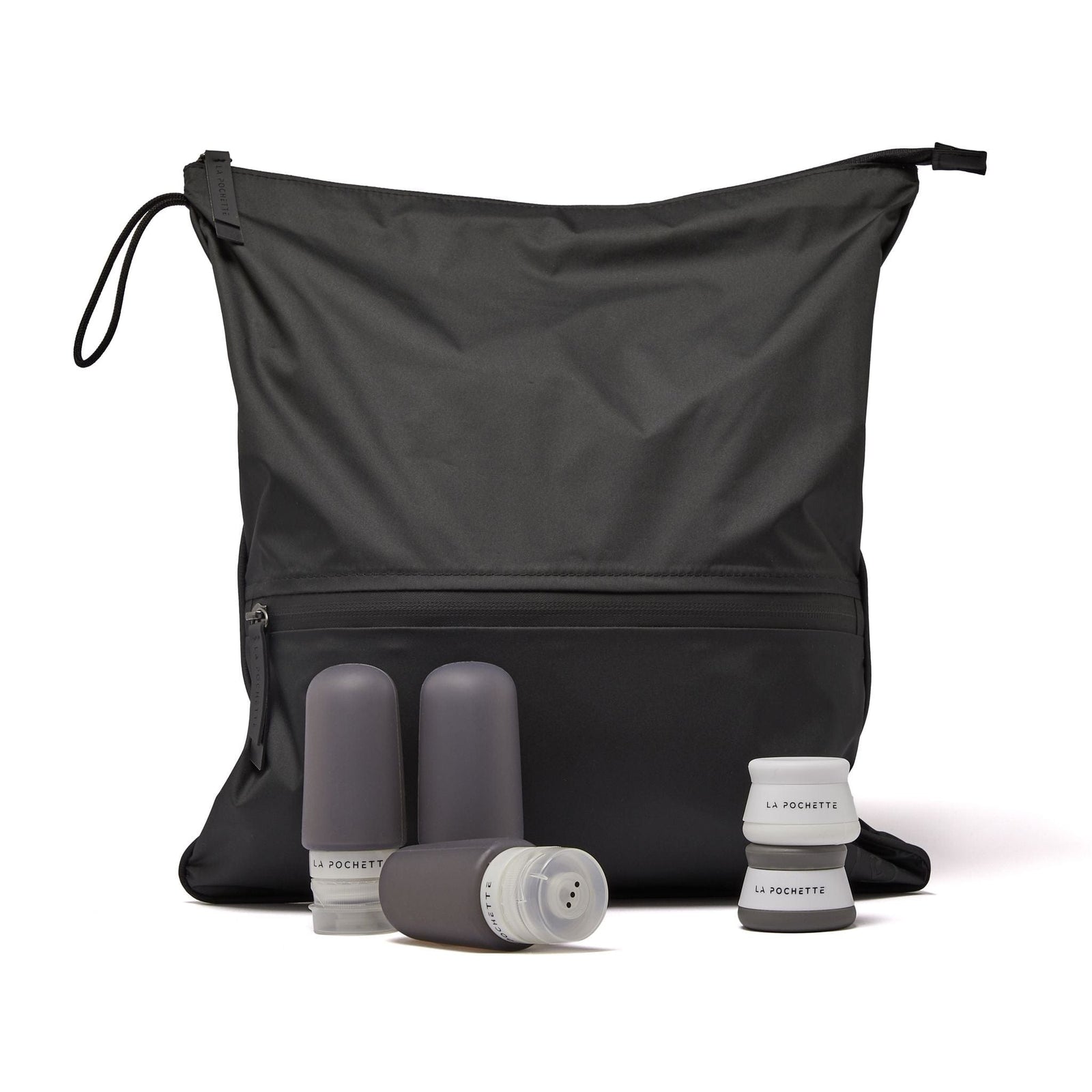 Black Sweat Bag Bundle with a set of dark grey Travel Bottles and travel pots duo