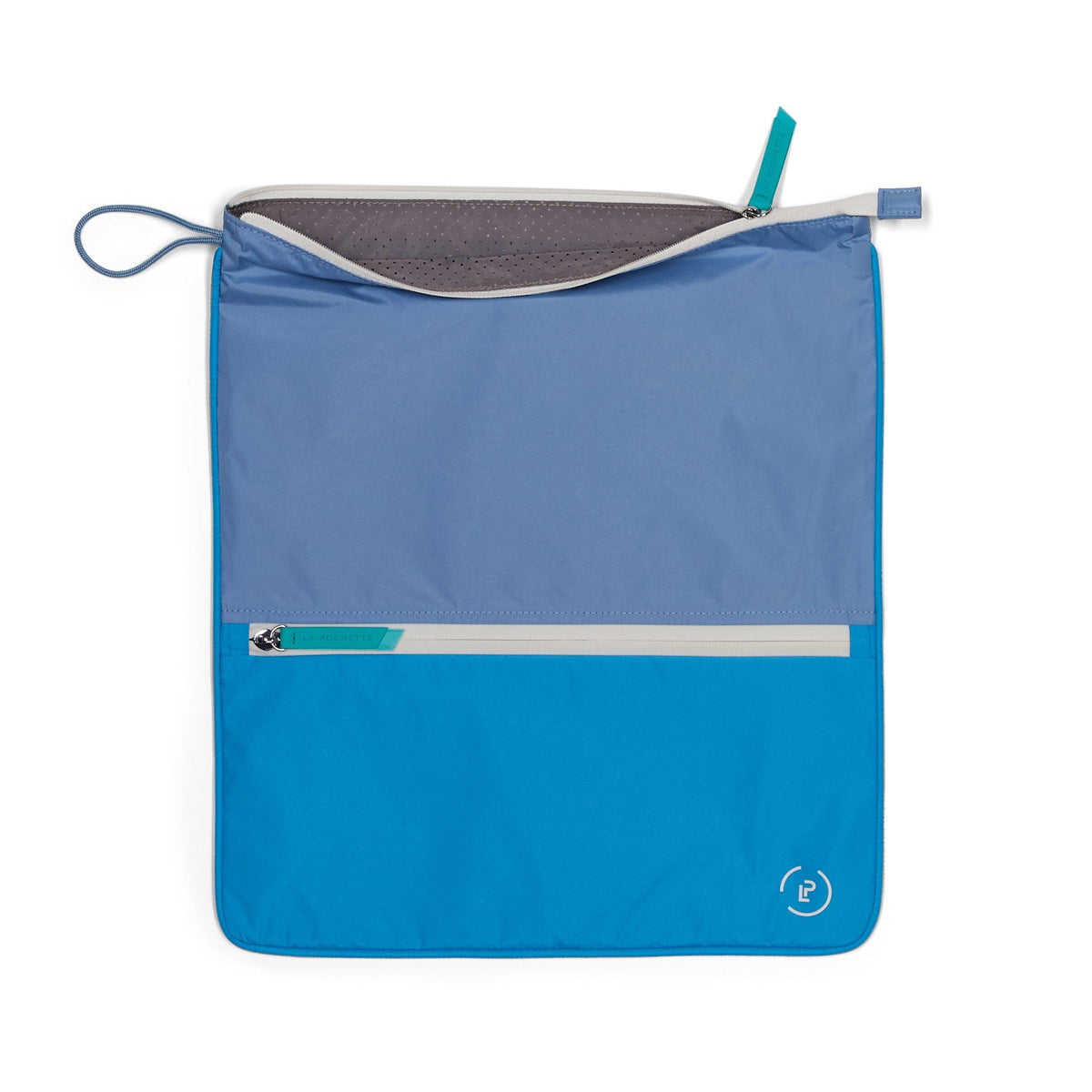 Sweat Bag in Mykonos Colour way (blue and turquoise) shown open to reveal grey anti microbial lining