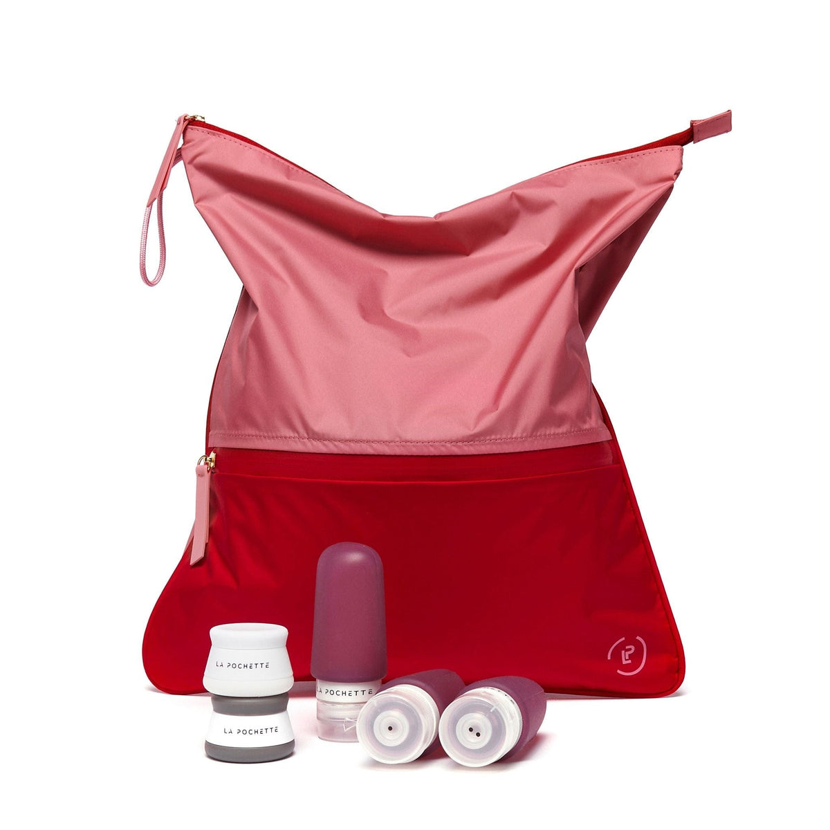 La Pochette travel bundle vivid pink and red sweat bag, trio of burgundy refillable travel bottles and travel pots duo