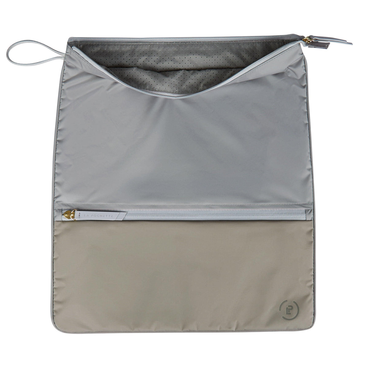 Shadow Walnut Sweat Bag lying flat, showing unzipped top to reveal inner perforated grey lining