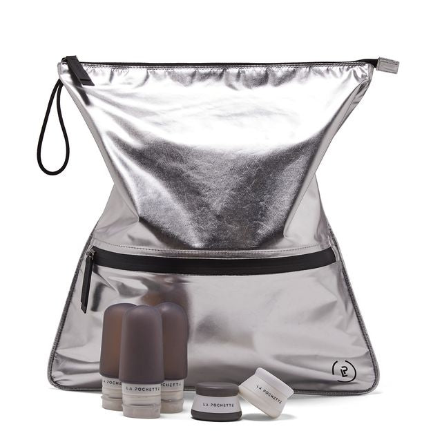 Sweat Bag in Silver and black with La Pochette travel bottles and pots